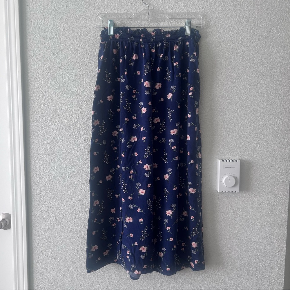 Navy Blue Floral Midi Skirt